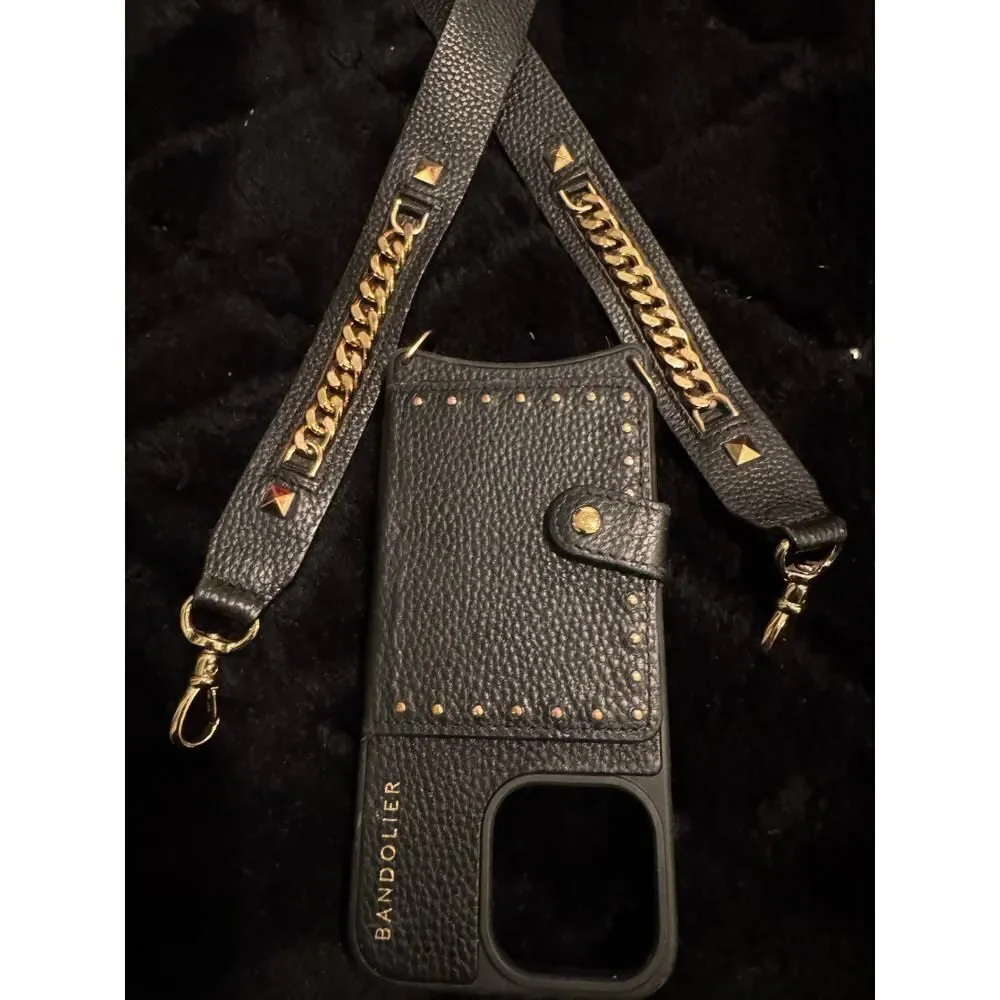 Bandolier studded MagSafe 15 pro max case & Thick black & gold curb chain strap